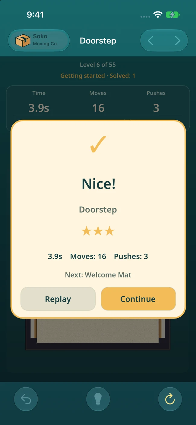 Completed puzzle showing a three-star result and move count